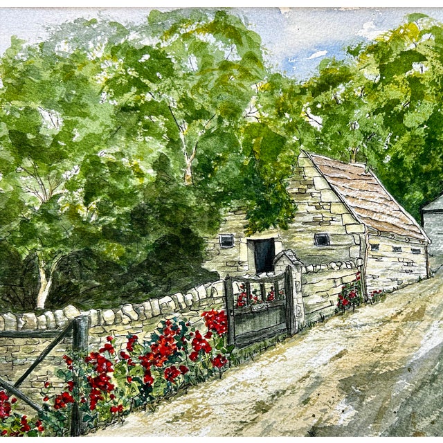 French Country Original Watercolor Painting on Paper of “England Cottage Lych Gate”. For Sale - Image 3 of 5