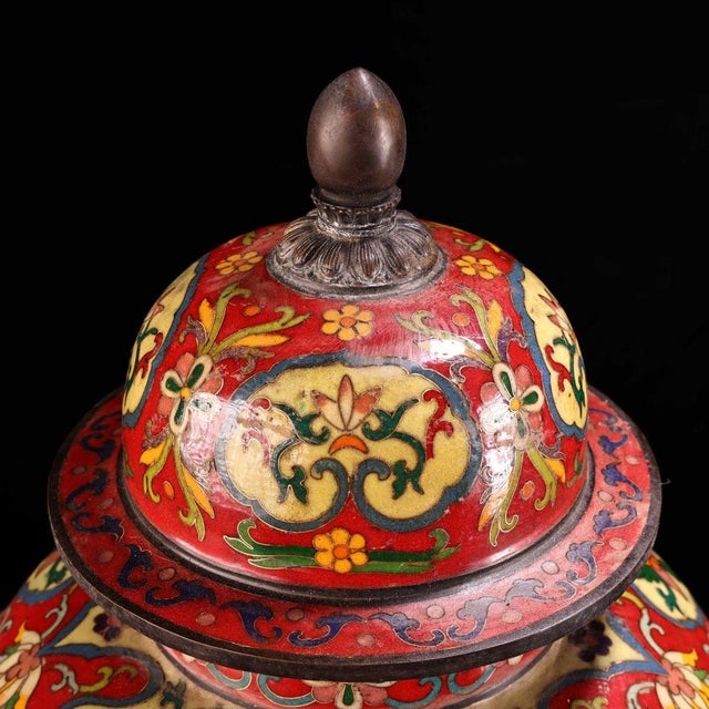 Metal Pair of Gilt Bronze Cloisonné Enamel Dragon Motif Temple Jars For Sale - Image 7 of 9