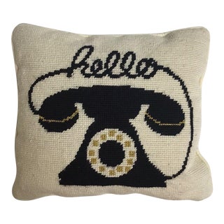Vintage Retro Telephone "Hello" Wool Needlepoint Pillow For Sale