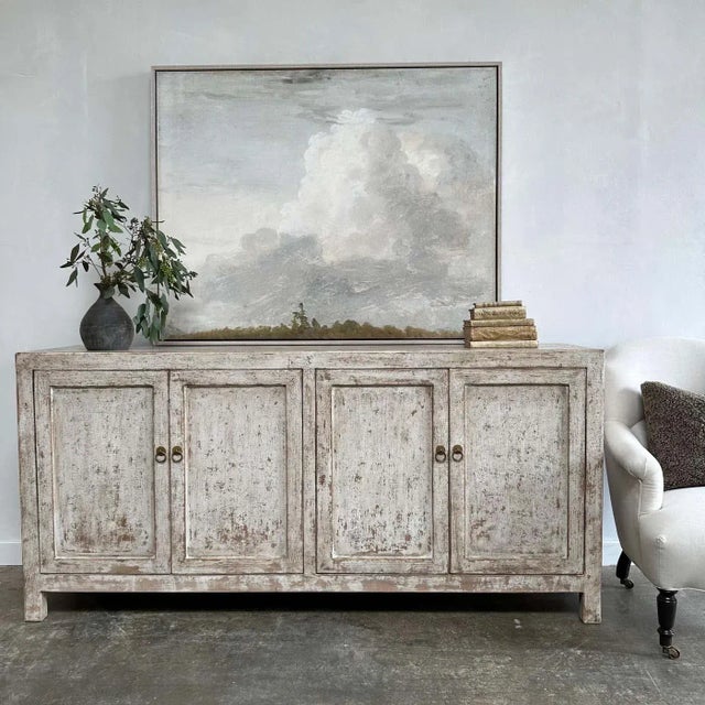 Reclaimed Elm & Pine Wood Cabinet in Distressed White With 4 Doors For Sale - Image 9 of 10