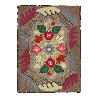 Antique American Hooked Floral Rug With Multi Colors Light Brown, Green, Yellow For Sale