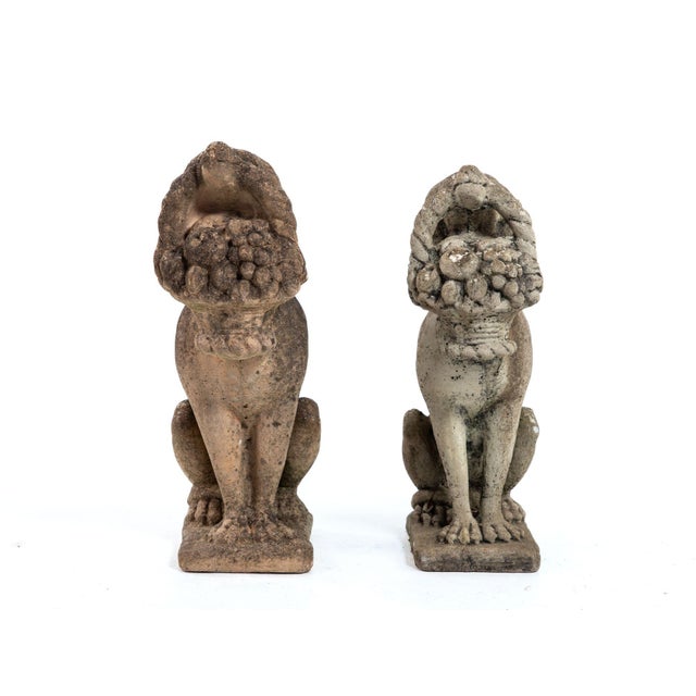 English Matched Pair of Composite Stone Dogs With Fruit Baskets, England Mid 20th C. For Sale - Image 3 of 13
