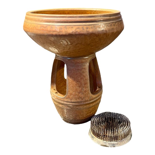 Mid Century Modern Ikebana Art Pottery Pedestal Bowl With Flower Frog-Atomic Ufo For Sale