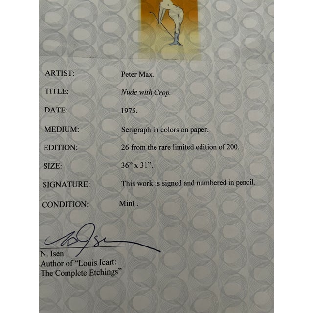 1975 Peter Max Signed and Numbered Serigraph, Nude With Crop For Sale - Image 11 of 11