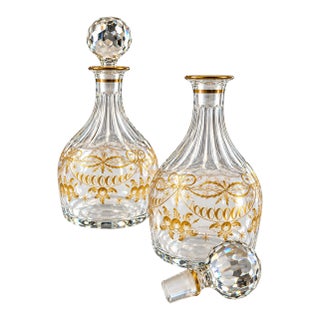 Pair of Hand-Painted Crystal Decanters With Faceted Stoppers For Sale
