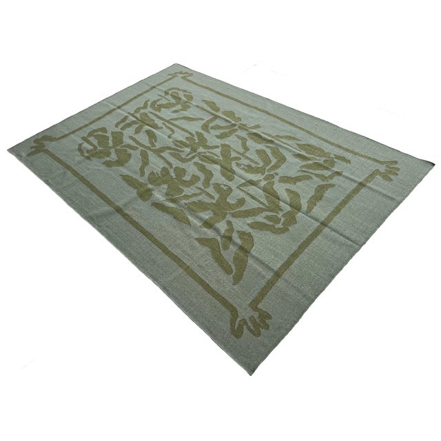 Handmade Woolen Flat Weave Geometric Floral Patterned Mint Green Area Rug - 6.5'x9' For Sale - Image 9 of 13