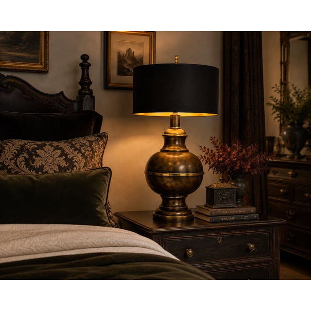 Grand Vintage Brass & Bronze Urn Table Lamp With Black & Gold Drum Shade For Sale - Image 4 of 4