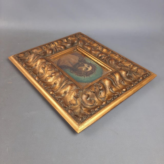 Framed Panel with Oil Painting of the Face of Christ, Early 1900s For Sale - Image 7 of 14