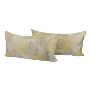 Silver Gray and Yellow Damask Throw Pillows, a pair For Sale