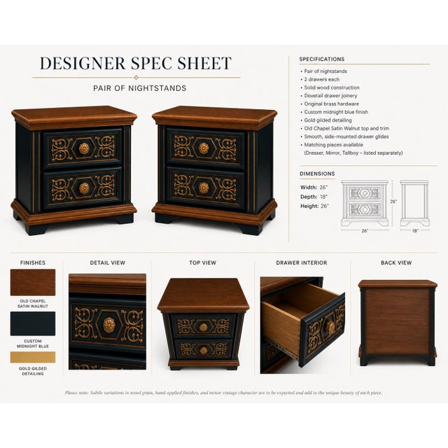 Pair of Vintage 1970s Drexel-Attributed Nightstands — Custom Midnight Blue & Gilded Finish, Dovetail Construction A...