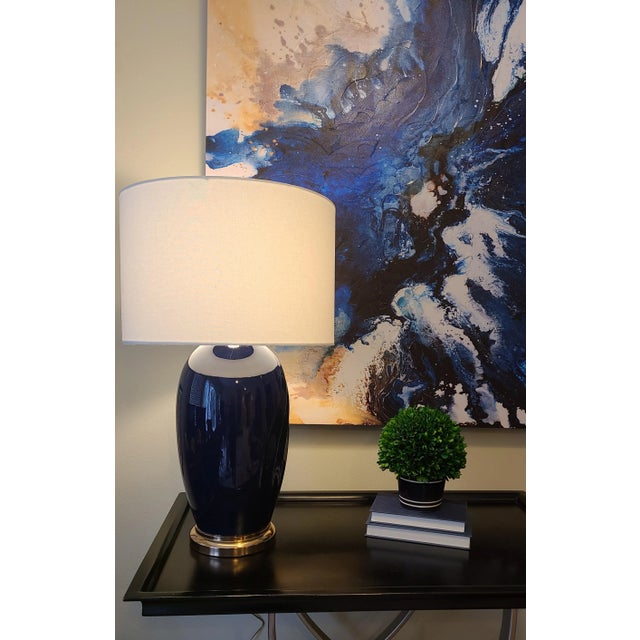 Knoll 1980's Memphis Style Blue Ceramic and Solid Brass Lamp by Knoll For Sale - Image 4 of 13