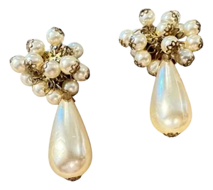 1980s Vintage Costume Jewelry Brass and Faux Pearls Italian Clip-on Earrings