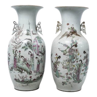 Pair of 19th Century Chinese Porcelain Baluster Vases With Figural Decoration and Calligraphy For Sale