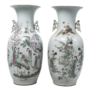 Pair of 19th Century Chinese Porcelain Baluster Vases With Figural Decoration and Calligraphy