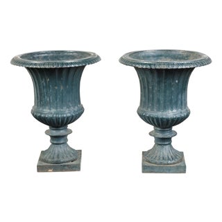 Pair of 19th Century English Medici Urn Planters on Petite Square Bases For Sale