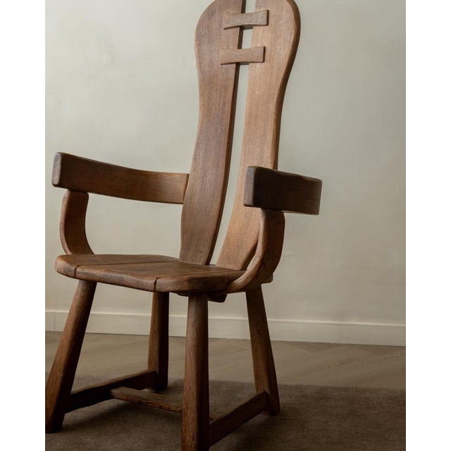 Wood Brutalist Oak Armchair with Sculptural High Back by De Puydt, 1960s For Sale - Image 7 of 18