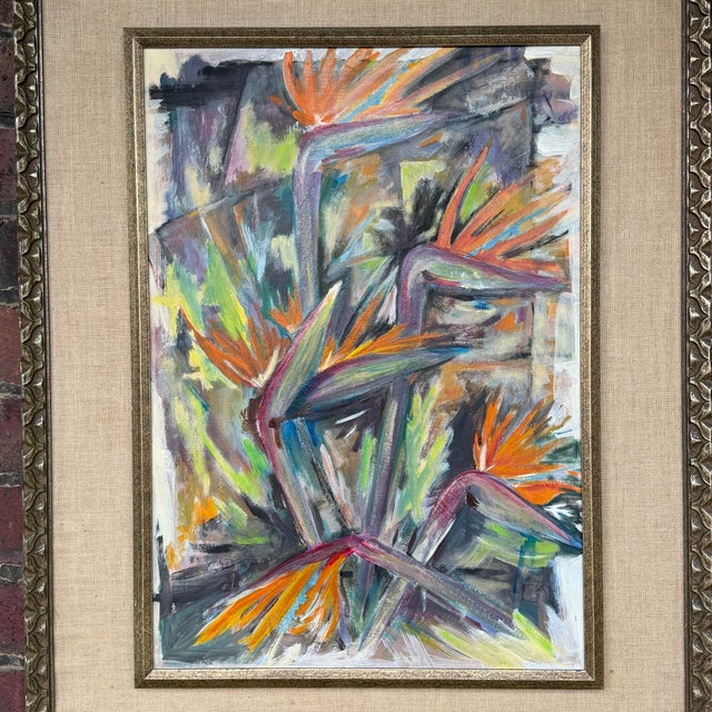 Orange Expressionist Birds of Paradise Oil Painting Signed by Artist Spoonamore For Sale - Image 8 of 11