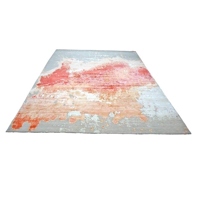 Early 21st Century Indo-Nepalese Modern Wool & Silk 9x12 Grey, Orange, & Red Handmade Area Rug #1144036 For Sale - Image 5 of 7