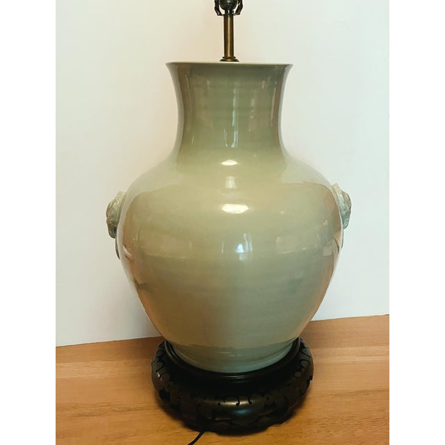 Mid 20th Century Large Celadon Green Ceramic Urn Table Lamp For Sale In New York - Image 6 of 11