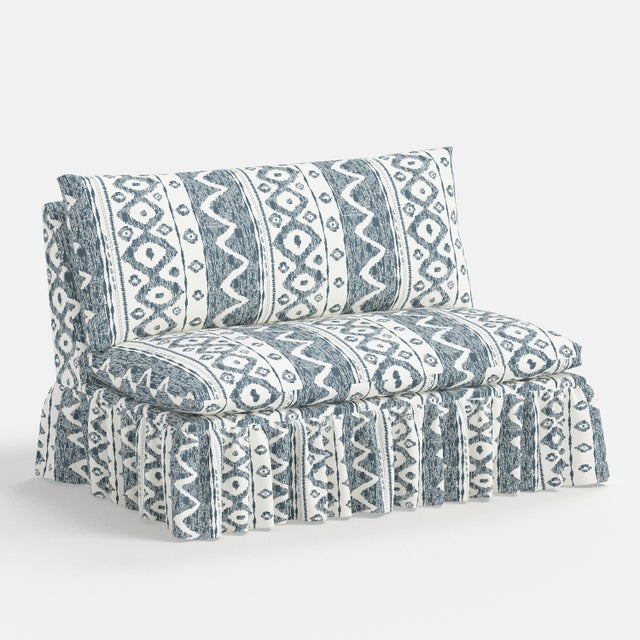 Wood Capra Ruffle Settee in Linny Ikat Slate For Sale - Image 7 of 7