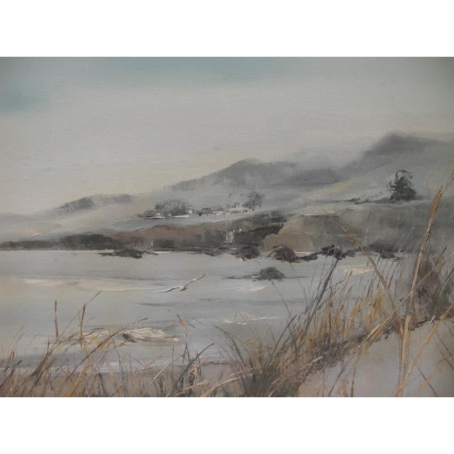 Mid-Century Modern Mid 20th Century Mountains and Beach Seascape Painting, Framed For Sale - Image 3 of 9