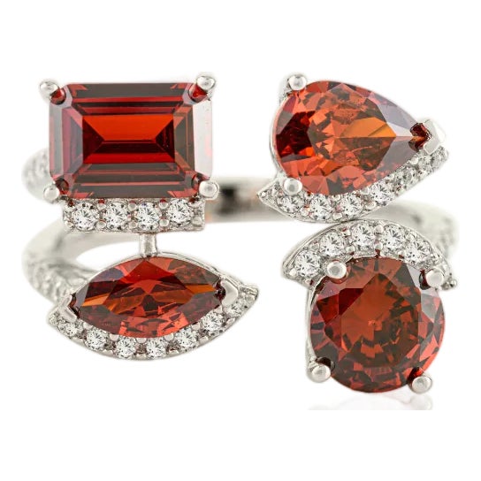 Contemporary Multi-Shape Garnet Gemstone With Cz Open Cuff Ring in Silver Size 7 For Sale