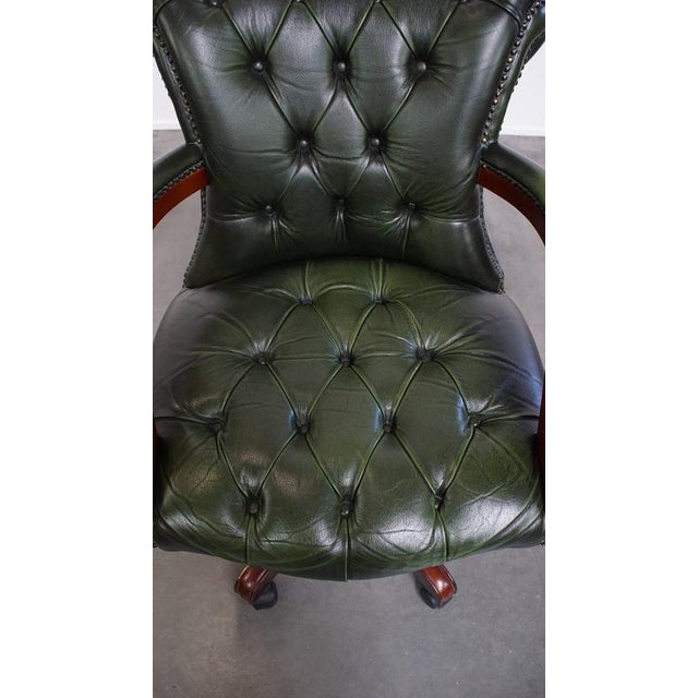 English Green Cowhide Chesterfield Desk Chair on Wheels For Sale - Image 6 of 15