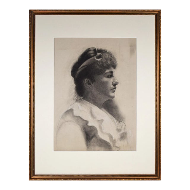 19th Century Antique Charcoal Portrait Drawing of a Woman For Sale