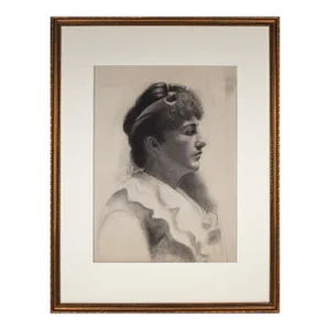 19th Century Antique Charcoal Portrait Drawing of a Woman