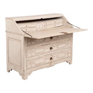 Antique White Painted Oak Carved Secretary Bureau From France For Sale