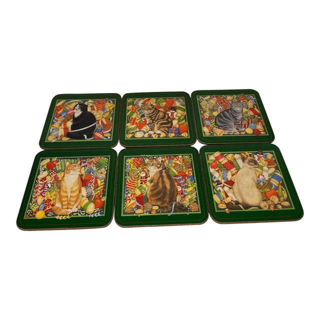 Late 20th Century Pimpernel Coasters of Festive Christmas Cats- Set of 6 For Sale