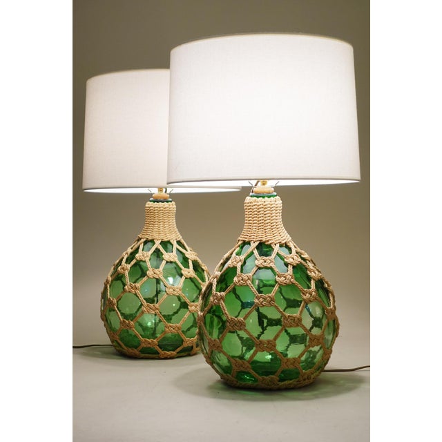 Coastal 1970s Matched Pair XL Bottle Green Glass Globe Rope Macrame Net Fish Float Coastal Tiki Table Lamps Nos "New-Old-Stock" Unused For Sale - Image 3 of 13