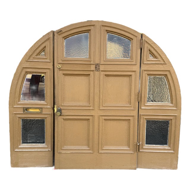 Original 1920s/30s Arched Front Entryway – Complete 3-Piece Set (Door + Sidelights) For Sale