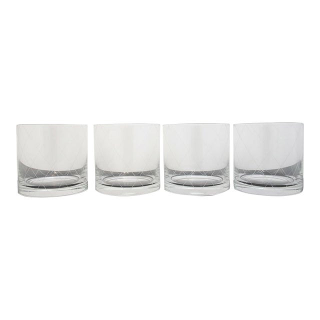Tiffany & Co Crystal Diamond Criss Cross Double Old Fashioned Low Ball Glass Set For Sale