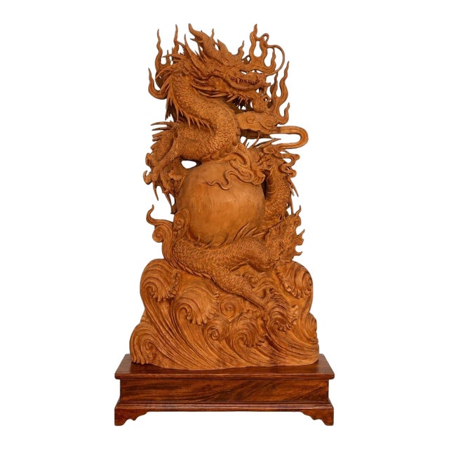 Large 20th Century Vietnamese Nhất Long Vờn Ngọc Dragon Pearl Wood Sculpture For Sale