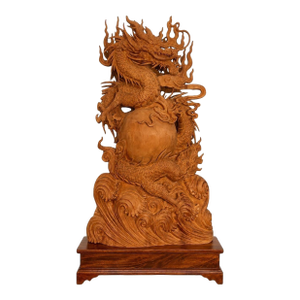Large 20th Century Vietnamese Nhất Long Vờn Ngọc Dragon Pearl Wood Sculpture