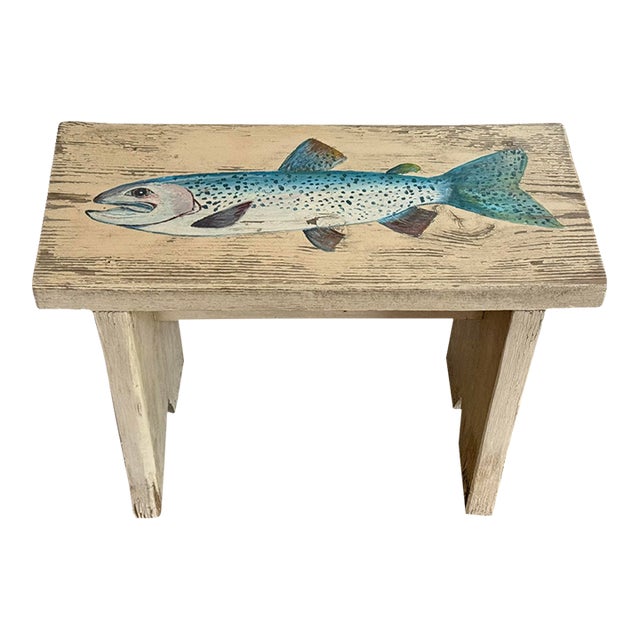 1980s Rustic Folk Art Hand Painted Fish Small Table For Sale