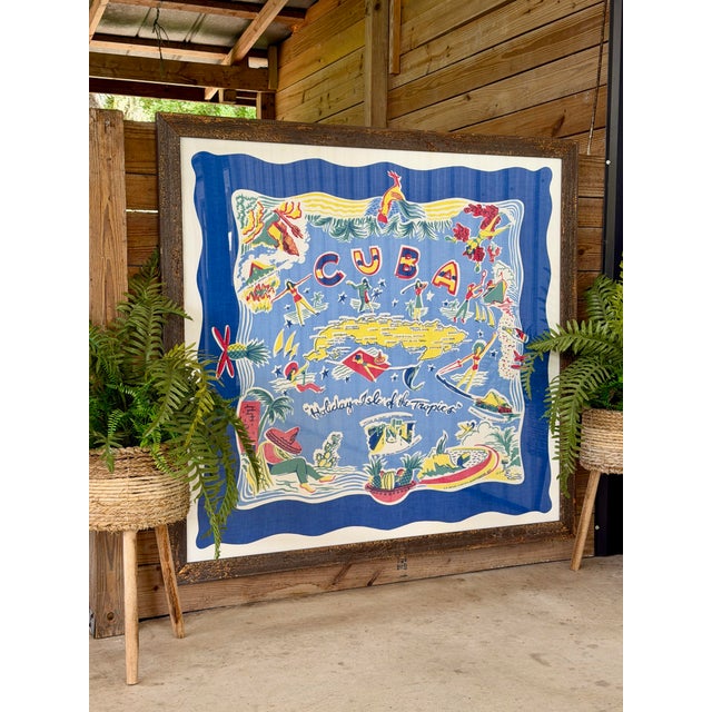 Monumental Vintage Cuba Souvenir Tablecloth Professionally Framed Wall Art For Sale - Image 12 of 12
