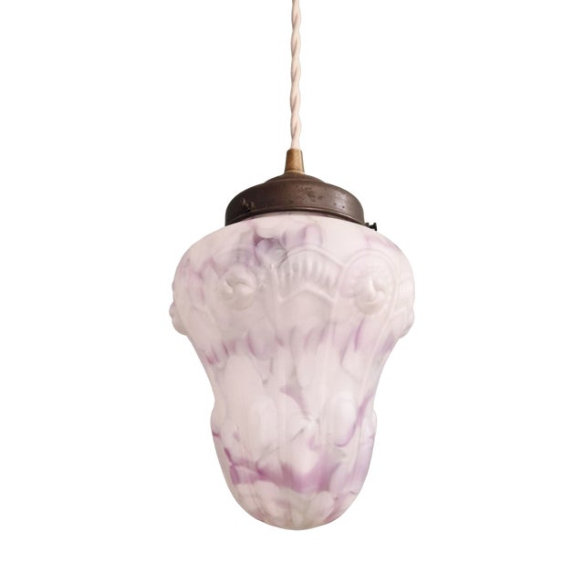 Art Deco Pendant Light in Speckled White and Purple Glass, 1920s For Sale