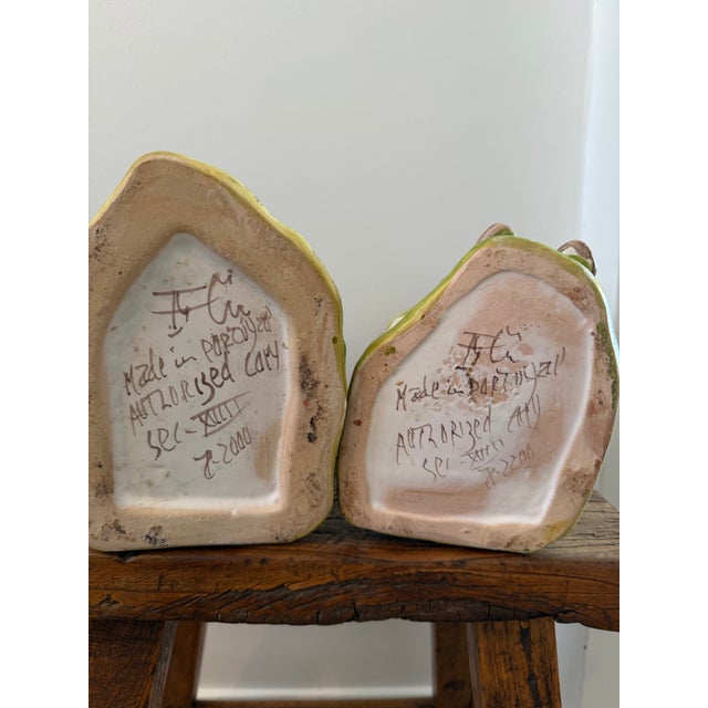 Vintage Pair of Handmade Majolica Farmer and FarmWife Toby Pitchers, Made in Portugal For Sale - Image 10 of 12