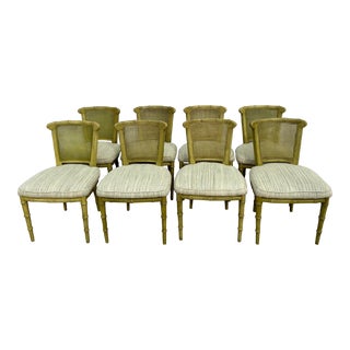 1970s Vintage Henredon Faux Wood Bamboo & Cane Dining Chairs - Set of 8 For Sale