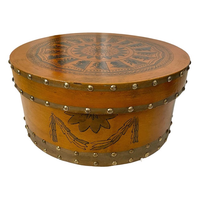 Rustic Vintage Round Wood Hand-Painted Pantry Box Storage Container With Lid For Sale - Image 3 of 9