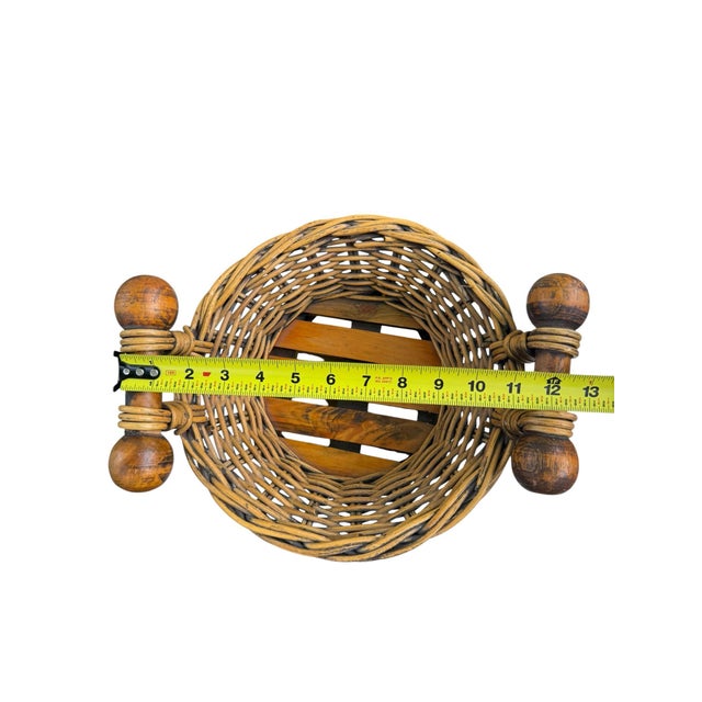 Wood Vintage Wicker Basket With Turned Wood Double Ball Finial Handles - Boho Coastal Folk Art For Sale - Image 7 of 11