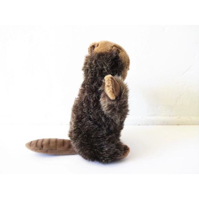 A vintage Steiff beaver, with dark brown and white plush fur, a brown velvet tail and paw pads, glass eyes, and felt...