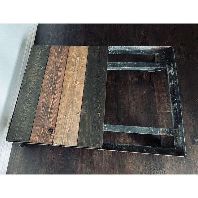 VTG Industrial Factory Cart Coffee Table, Wood Top and Metal Casters For Sale - Image 4 of 10
