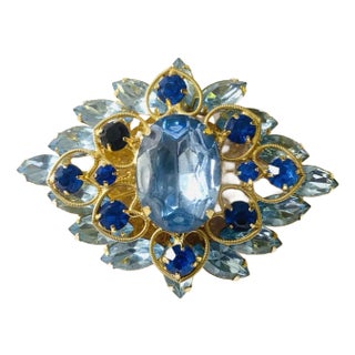 Vintage Czech Aqua Blue Gold Large Brooch Signed Ar For Sale