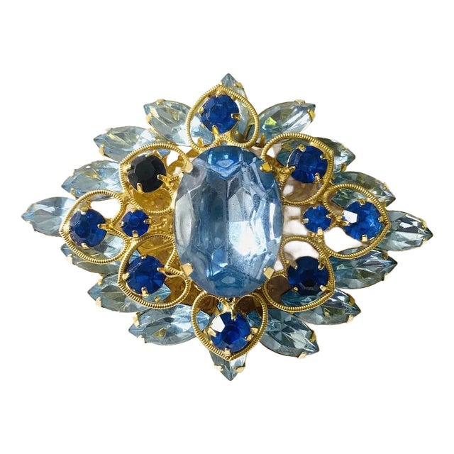 Vintage Czech Aqua Blue Gold Large Brooch Signed Ar For Sale