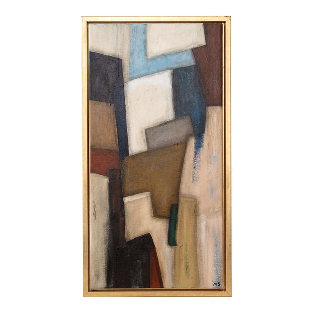 Tall Vertical Original Abstract Painting on Canvas in Gold Frame For Sale