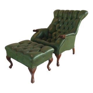 Mid Century Green Leather Spoon Chair and Ottoman For Sale