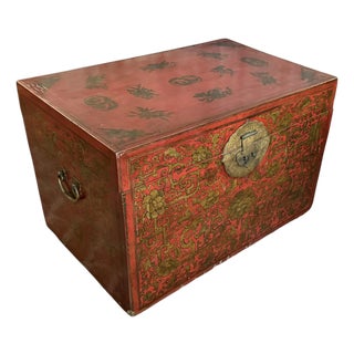 Antique Chinese Red & Gold Chinoiserie Trunk Coffee Table For Sale